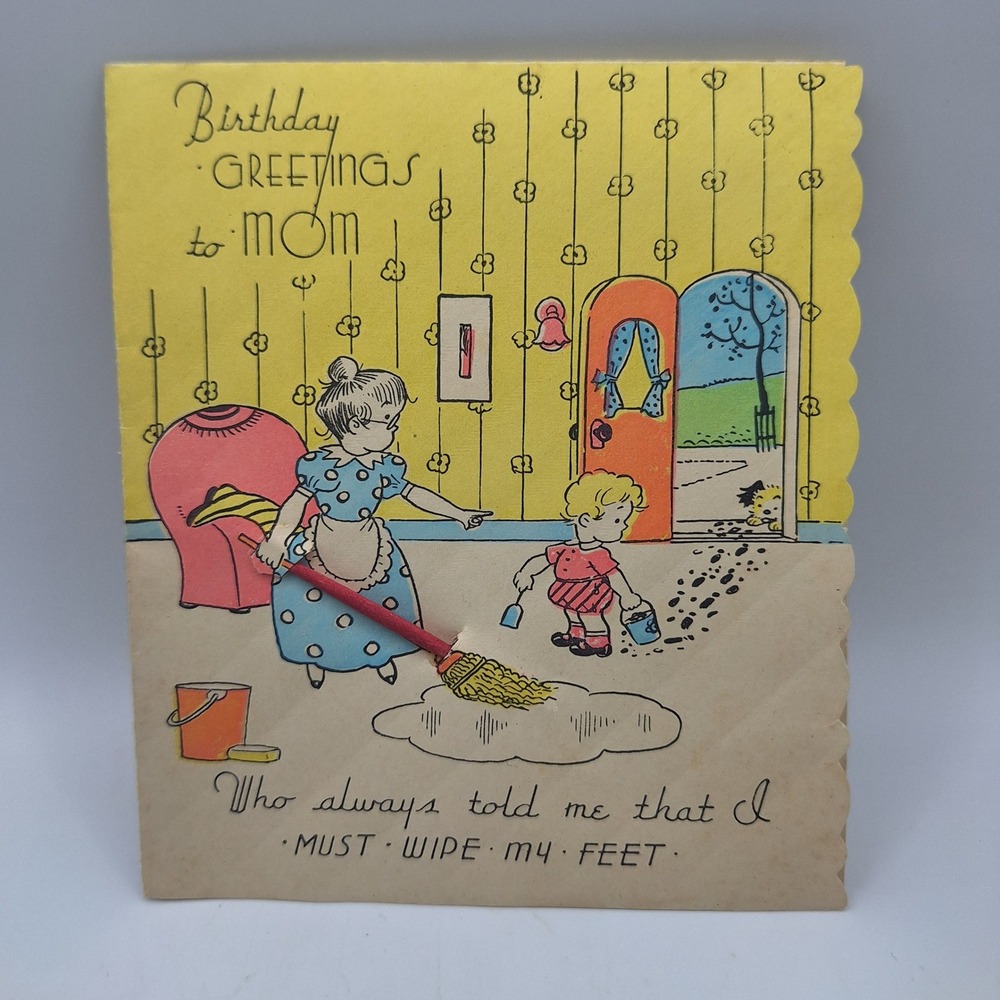 Vintage Birthday Card Greetings to Mom Cute Cartoon Illustration